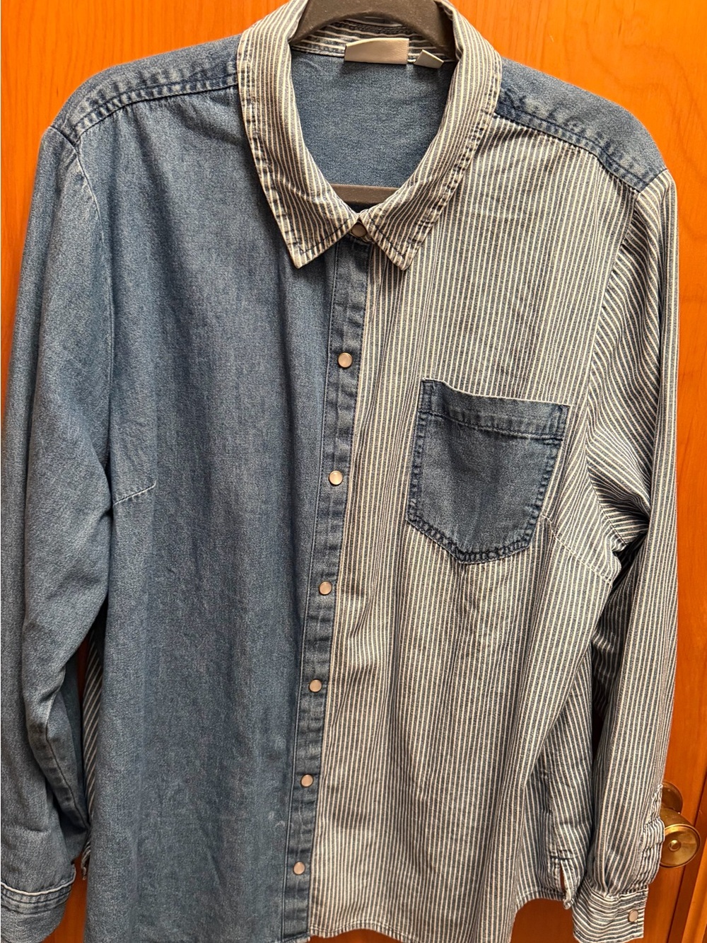 Joan Rivers Two-Tone Blue Denim and Striped Button-Up Blouse